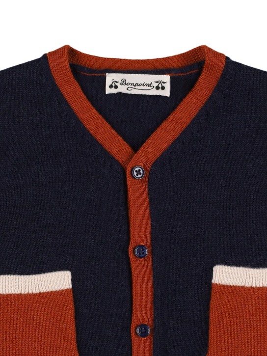 Bonpoint: Wool knit cardigan - Blue/Brown - kids-boys_1 | Luisa Via Roma