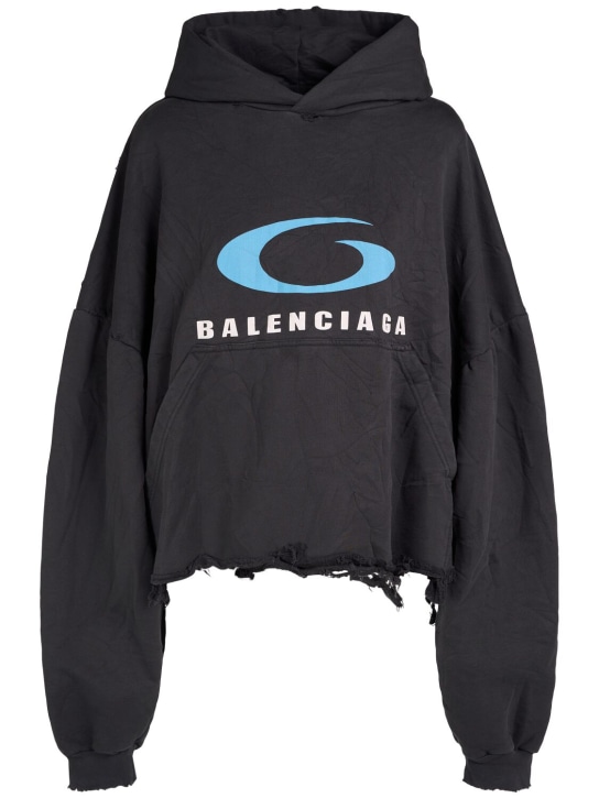 Balenciaga: Icon Print cropped cotton hoodie - Washed Black - women_0 | Luisa Via Roma