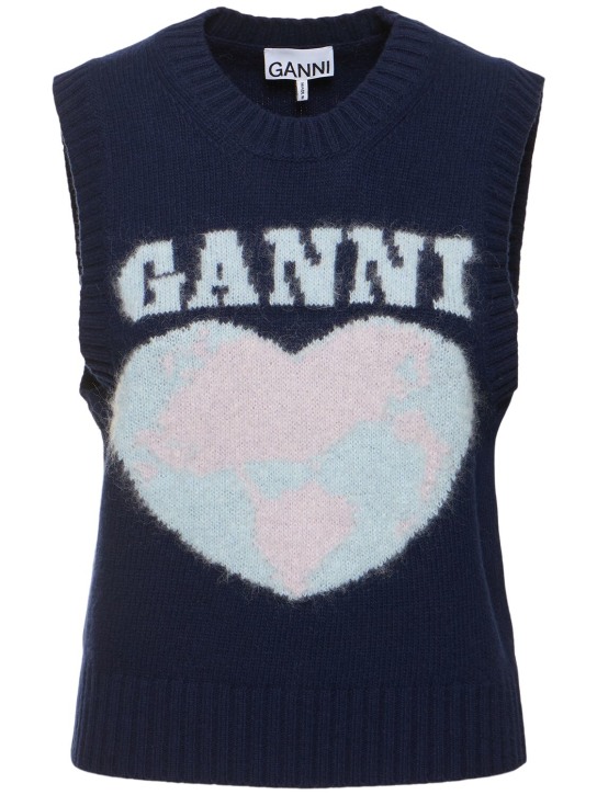 GANNI: Gilet in misto lana morbida con logo - Blu - women_0 | Luisa Via Roma