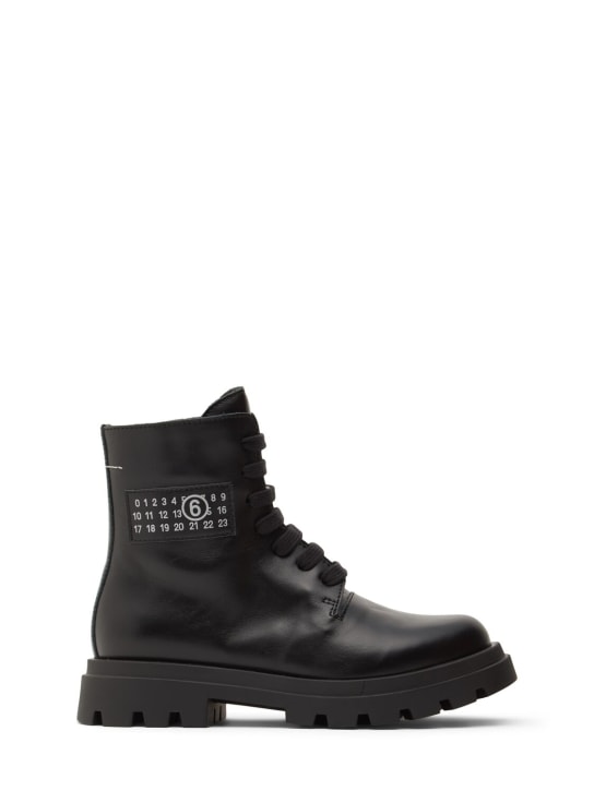 MM6 Maison Margiela: Leather combat boots w/logo - Black - kids-girls_0 | Luisa Via Roma