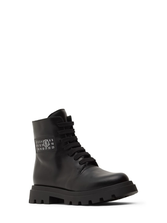 MM6 Maison Margiela: Leather combat boots w/logo - Black - kids-girls_1 | Luisa Via Roma