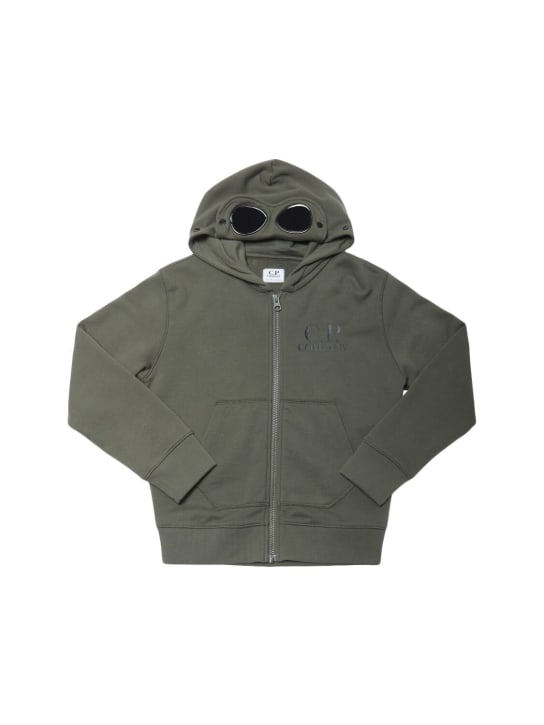 C.P. Company: Cotton zip-up hoodie w/goggles - Dark Green - kids-boys_0 | Luisa Via Roma