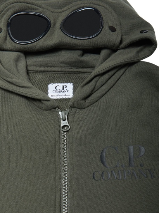 C.P. Company: Cotton zip-up hoodie w/goggles - Dark Green - kids-boys_1 | Luisa Via Roma