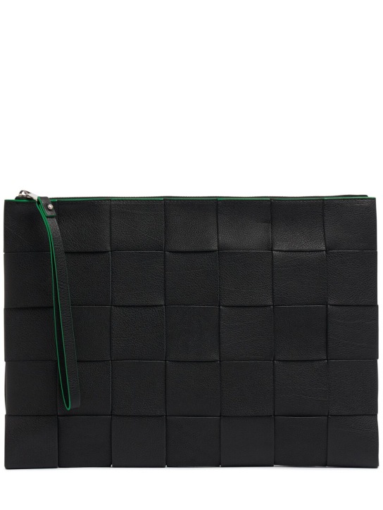 Bottega Veneta: Leather pouch w/ contrast edges - Black/Parakeet - men_0 | Luisa Via Roma