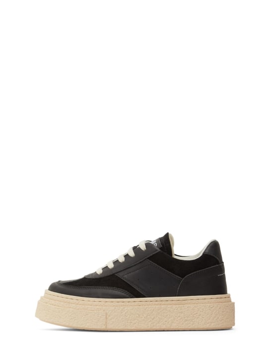 MM6 Maison Margiela: Logo print leather lace-up sneakers - Black - kids-boys_0 | Luisa Via Roma