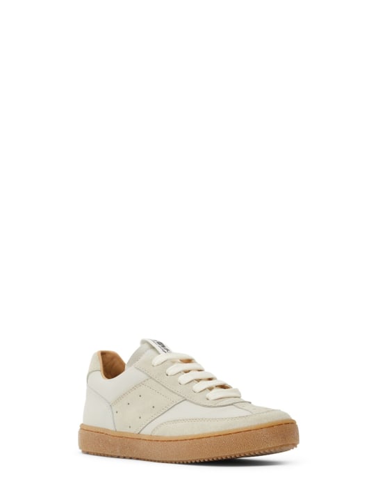 MM6 Maison Margiela: Logo print leather lace-up sneakers - White/Beige - kids-boys_1 | Luisa Via Roma