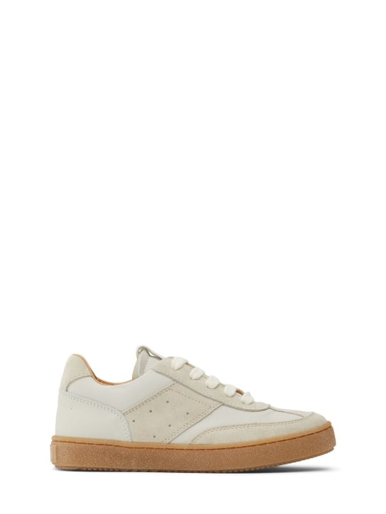 MM6 Maison Margiela: Logo print leather lace-up sneakers - White/Beige - kids-boys_0 | Luisa Via Roma