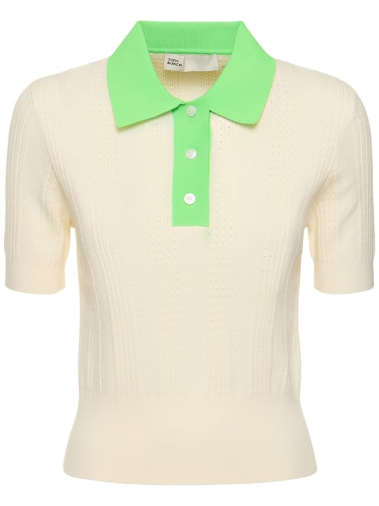 Tory Sport: Cotton pointelle polo - Ivory/Green - women_0 | Luisa Via Roma