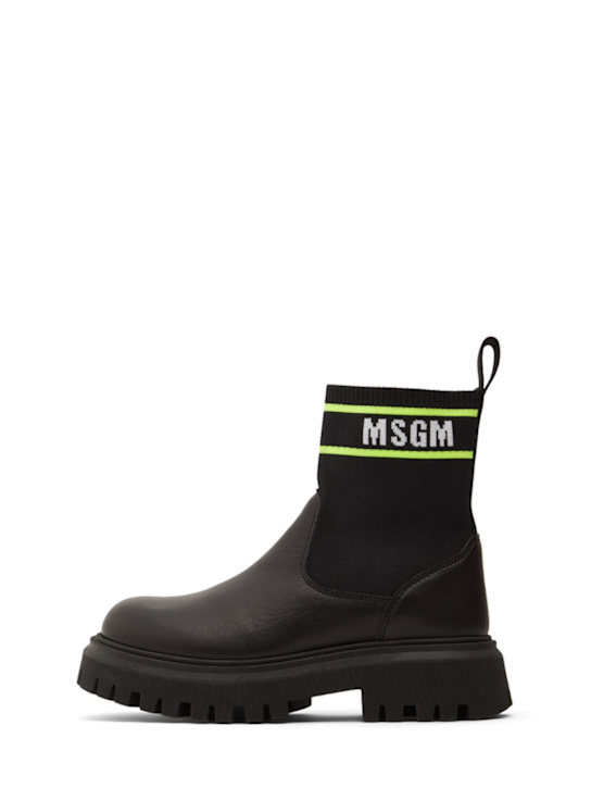 MSGM: Calf & knit pull-on boots w/logo - Black - kids-girls_0 | Luisa Via Roma