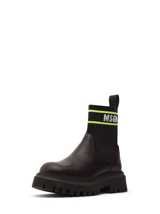 MSGM: Calf & knit pull-on boots w/logo - Black - kids-girls_1 | Luisa Via Roma