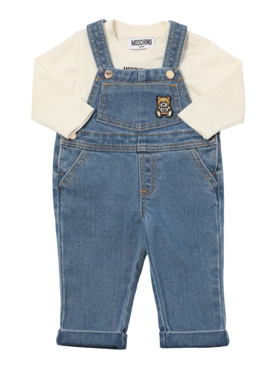 Moschino: T-Shirt und Overall aus Baumwolle - Weiß/Blau - kids-boys_0 | Luisa Via Roma