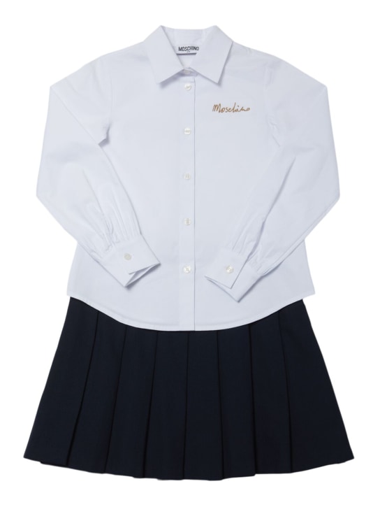 Moschino: Cotton shirt & pleated jersey skirt - Dark Blue - kids-girls_0 | Luisa Via Roma