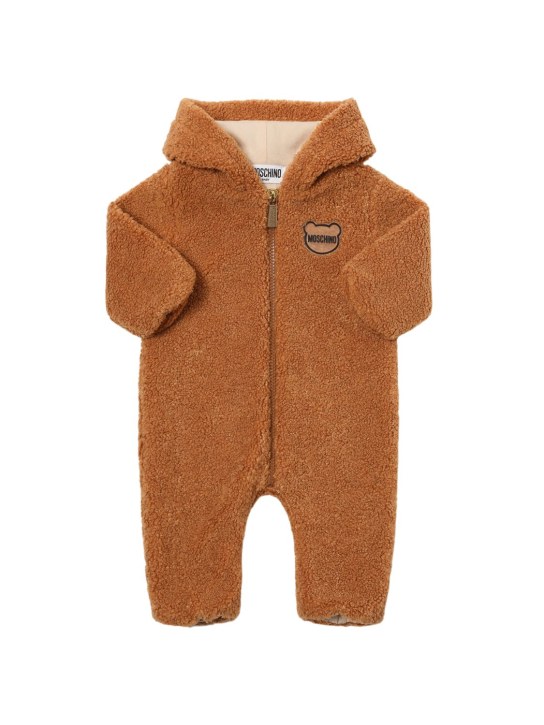 Moschino: Tutina in tessuto sherpa / orecchie applicate - Marrone - kids-girls_0 | Luisa Via Roma