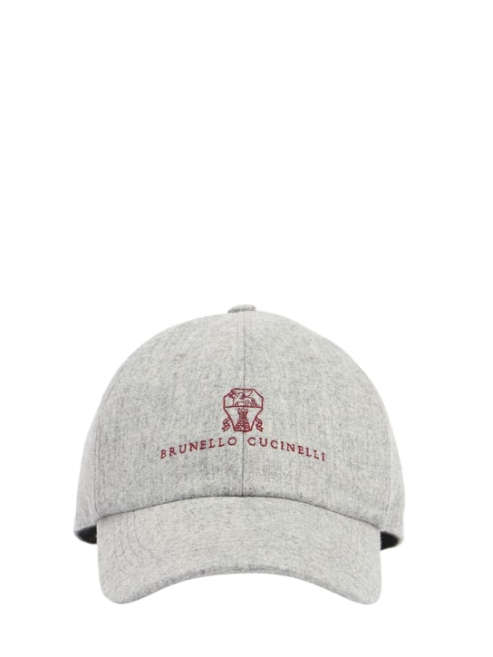 Brunello Cucinelli: Cappello baseball in flanella di lana con logo - Grigio Perla - men_0 | Luisa Via Roma