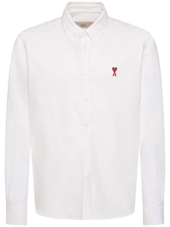 AMI Paris: Camicia Oxford in cotone con logo - Bianco Naturale - men_0 | Luisa Via Roma
