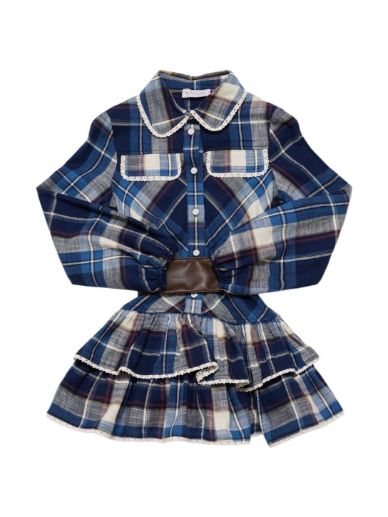 Monnalisa: Vestito in cotone stampa check con cintura - Blu/Multi - kids-girls_0 | Luisa Via Roma