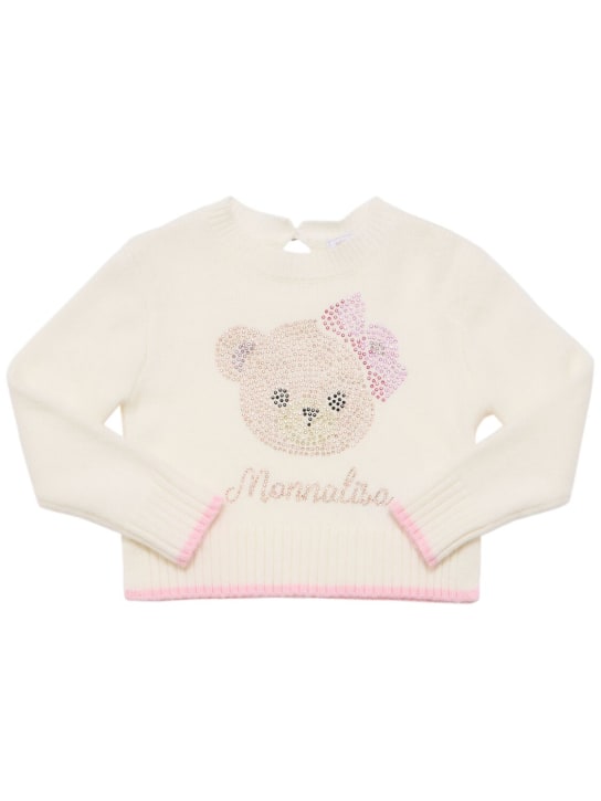 Monnalisa: Embellished wool blend knit sweater - Beyaz - kids-girls_0 | Luisa Via Roma