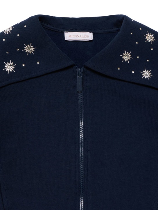 Monnalisa: Embellished cotton full-zip sweatshirt - Dark Blue - kids-girls_1 | Luisa Via Roma