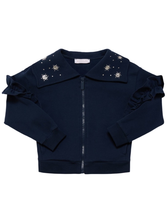 Monnalisa: Embellished cotton full-zip sweatshirt - Dark Blue - kids-girls_0 | Luisa Via Roma