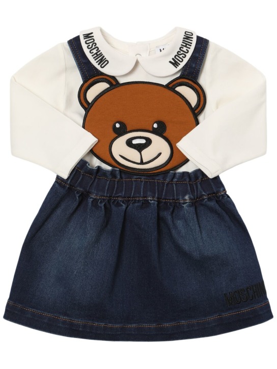 Moschino: Cotton t-shirt & bear denim dress - White/Blue - kids-girls_0 | Luisa Via Roma