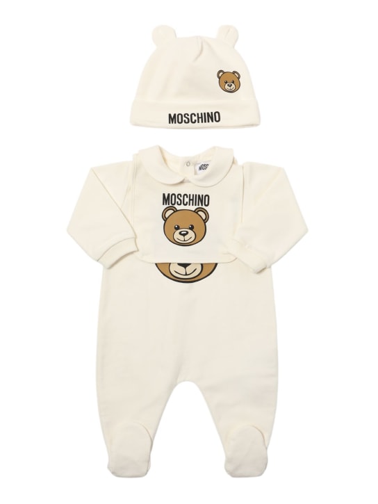 Moschino: Printed cotton romper, bib & hat - White - kids-girls_0 | Luisa Via Roma