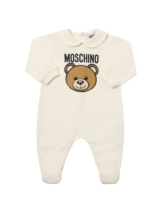 Moschino: Pelele, babero y gorro de algodón estampado - Blanco - kids-girls_1 | Luisa Via Roma