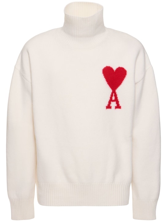 AMI Paris: Suéter de lana con logo - Blanco Opaco - men_0 | Luisa Via Roma