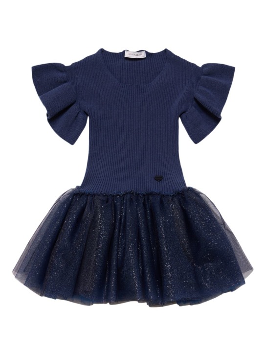 Monnalisa: Cotton knit & tulle dress - Blue - kids-girls_0 | Luisa Via Roma