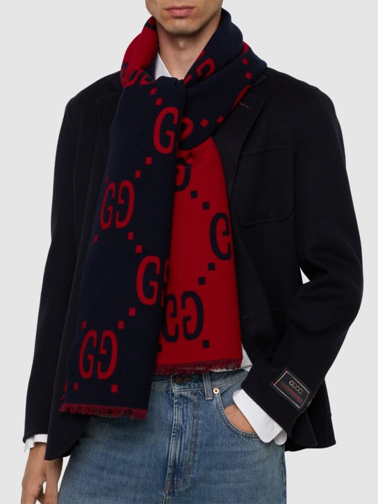 Gucci: GG Jacquard wool & silk scarf - Blue/Red - men_1 | Luisa Via Roma