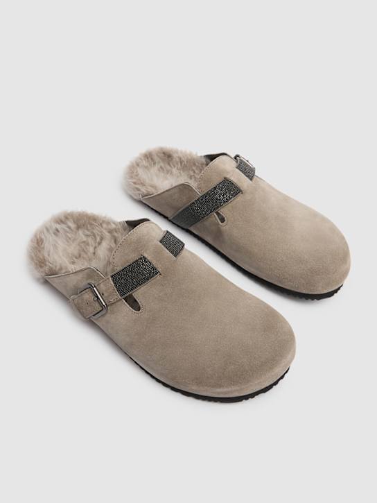 Brunello Cucinelli: 10毫米麂皮&皮草穆勒鞋 - 灰褐色 - women_2 | Luisa Via Roma