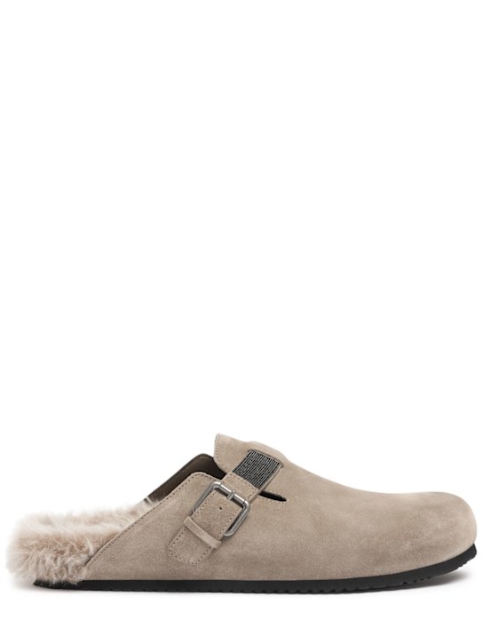 Brunello Cucinelli: 10毫米麂皮&皮草穆勒鞋 - 灰褐色 - women_0 | Luisa Via Roma
