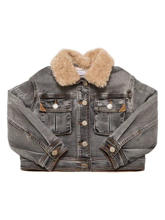 Monnalisa: Cotton denim jacket w/faux fur collar - Gri - kids-girls_0 | Luisa Via Roma