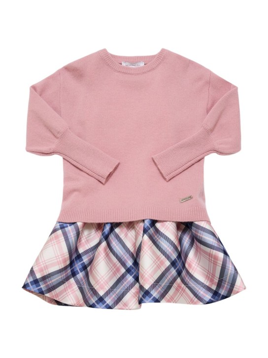 Monnalisa: Check print poly dress w/bow appliqué - Pink - kids-girls_0 | Luisa Via Roma