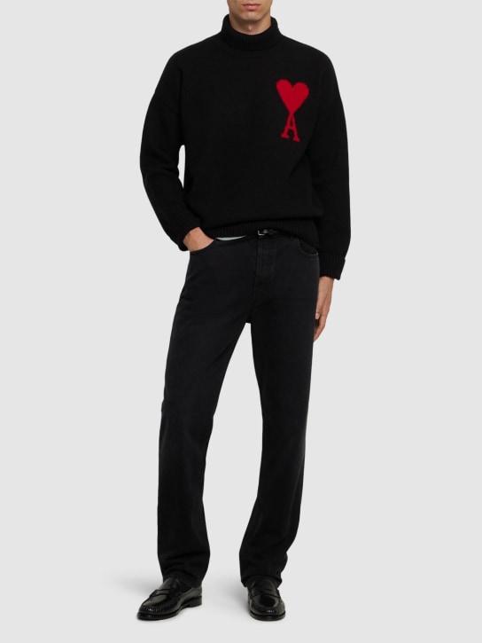 AMI Paris: Logo wool turtleneck sweater - Siyah - men_1 | Luisa Via Roma