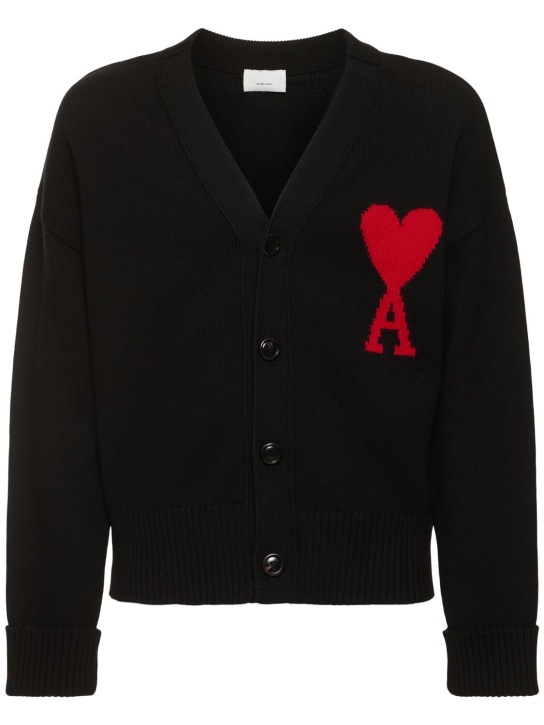 AMI Paris: Logo wool knit cardigan - Black/Red - men_0 | Luisa Via Roma