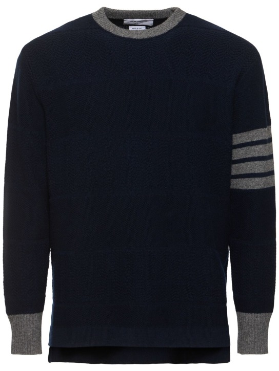 Thom Browne: Textured rugby stripe crewneck sweater - Lacivert - men_0 | Luisa Via Roma