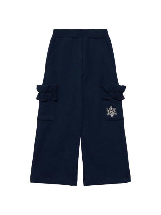 Monnalisa: Pantalon cargo en coton embelli - Bleu Foncé - kids-girls_0 | Luisa Via Roma
