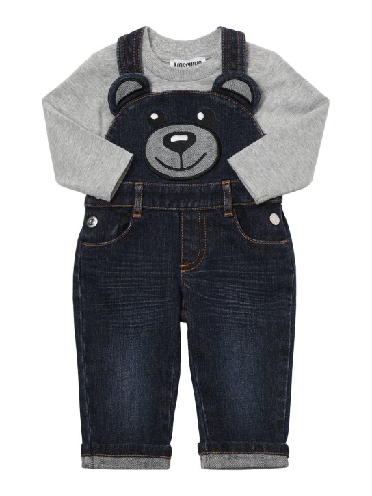 Moschino: Cotton t-shirt & overalls - Grey/Blue - kids-girls_0 | Luisa Via Roma