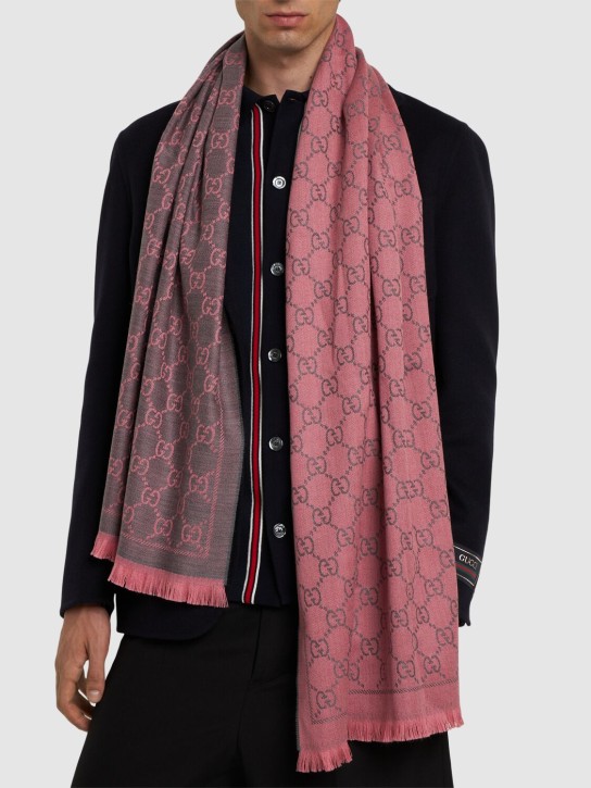 Gucci: GG wool jacquard scarf - Pink/Grey - men_1 | Luisa Via Roma