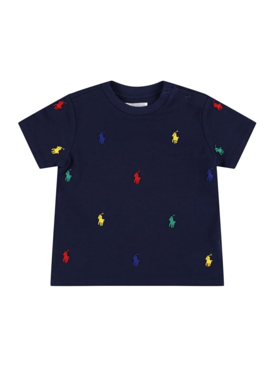 Polo Ralph Lauren: T-shirt en jersey de coton à logo brodé - Bleu Marine - kids-girls_0 | Luisa Via Roma