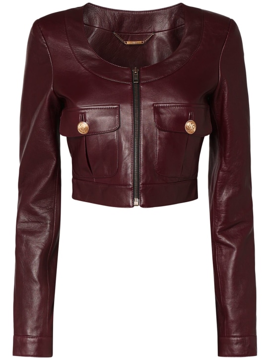 Chloé: Veste courte zippée en cuir - Marron - women_0 | Luisa Via Roma
