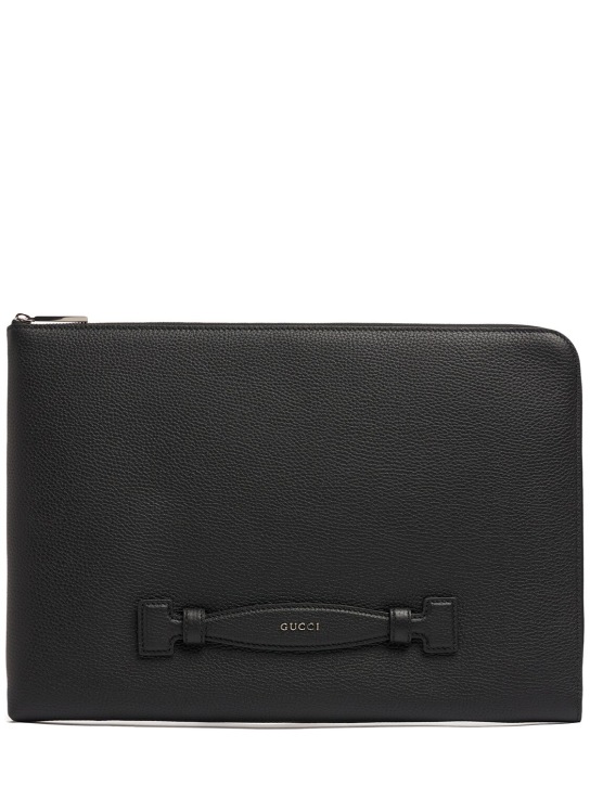 Gucci: Gucci script leather business pouch - Siyah - men_0 | Luisa Via Roma