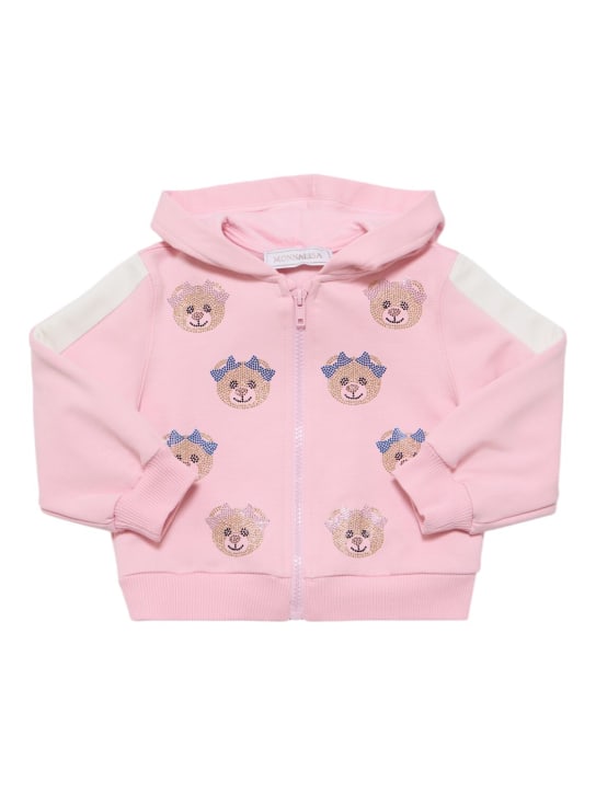 Monnalisa: Embroidered cotton full-zip hoodie - Pink - kids-girls_0 | Luisa Via Roma