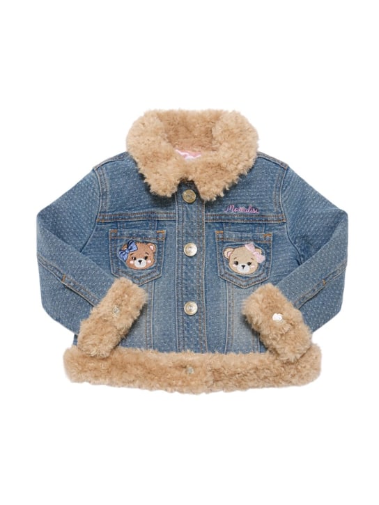Monnalisa: Cotton denim & faux fur teddy jacket - Blue - kids-girls_0 | Luisa Via Roma
