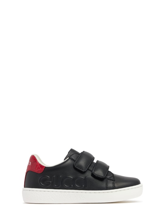 Gucci: Gucci embossed leather sneakers - Black - kids-boys_0 | Luisa Via Roma
