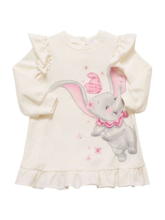 Monnalisa: Dumbo print cotton blend jersey dress - Beyaz - kids-girls_0 | Luisa Via Roma