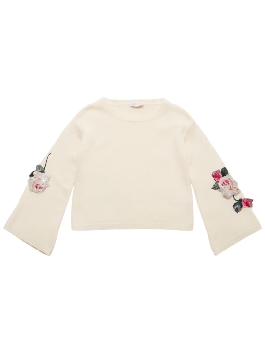 Monnalisa: Embroidered wool blend knit sweater - White - kids-girls_1 | Luisa Via Roma