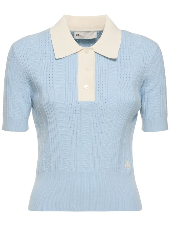 Tory Sport: Polo in cotone pointelle con logo - Blu Chiaro/Bianco - women_0 | Luisa Via Roma