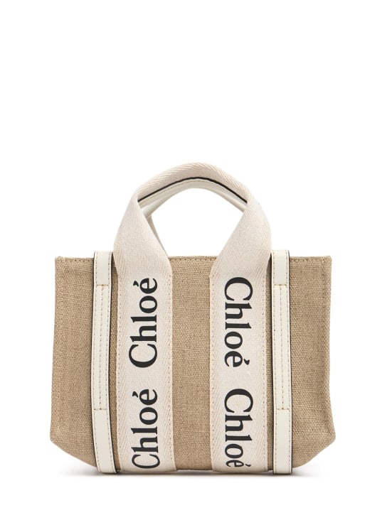 Chloé: Mini Woody linen top handle bag - Bej/Beyaz - women_0 | Luisa Via Roma