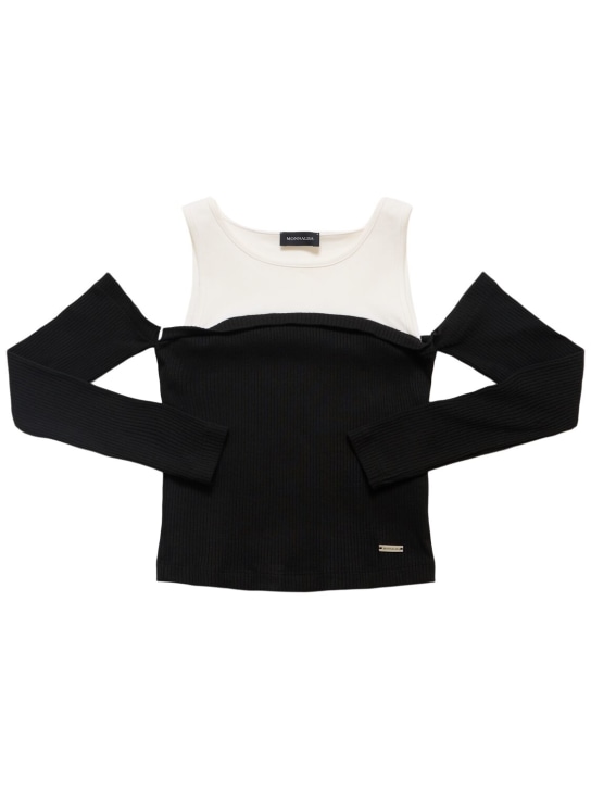 Monnalisa: Top de jersey de algodón stretch - Negro/Blanco - kids-girls_0 | Luisa Via Roma